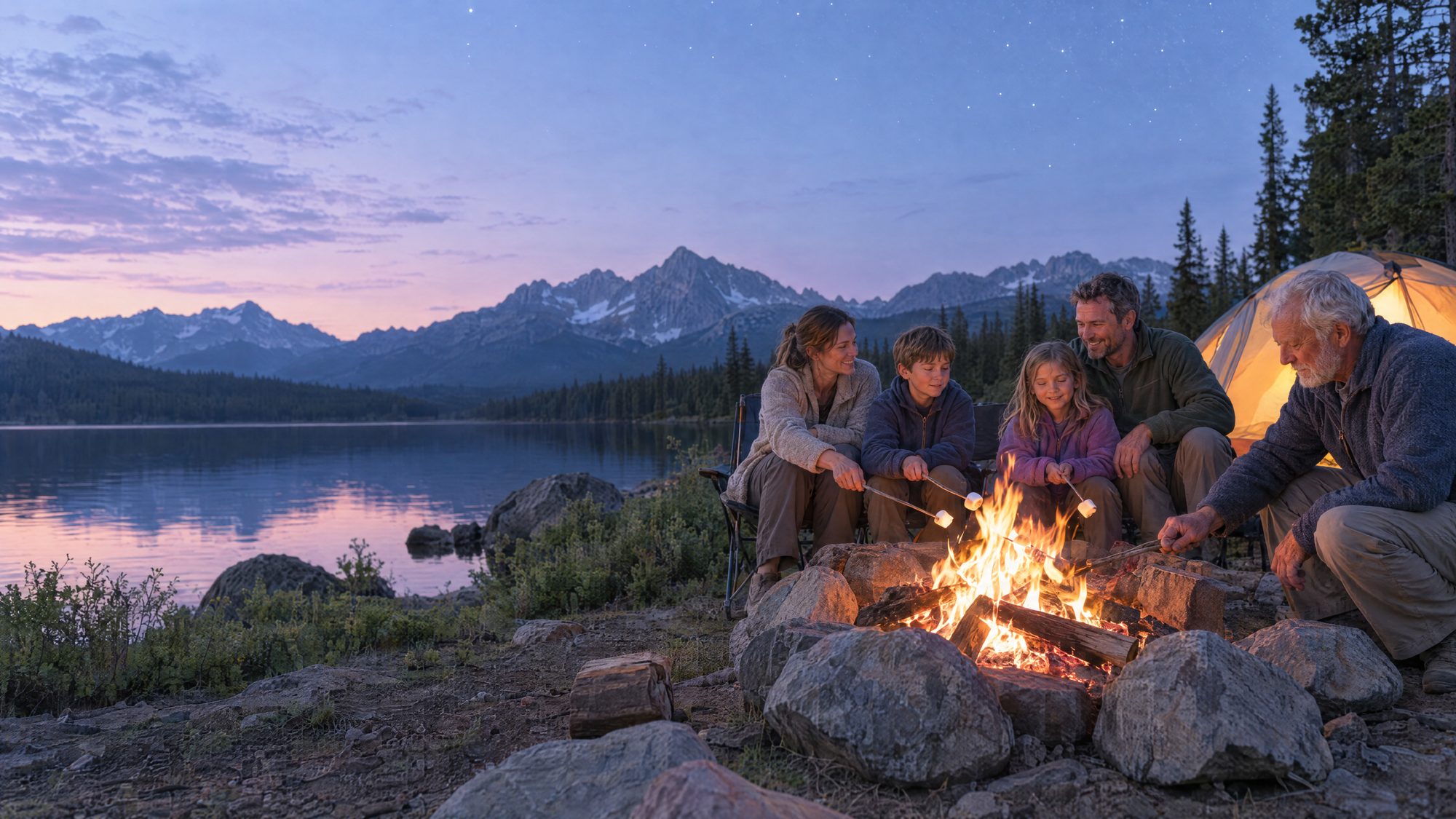 Three generations of a family around a campfire beside a mountain lake at dusk, a tent behind them