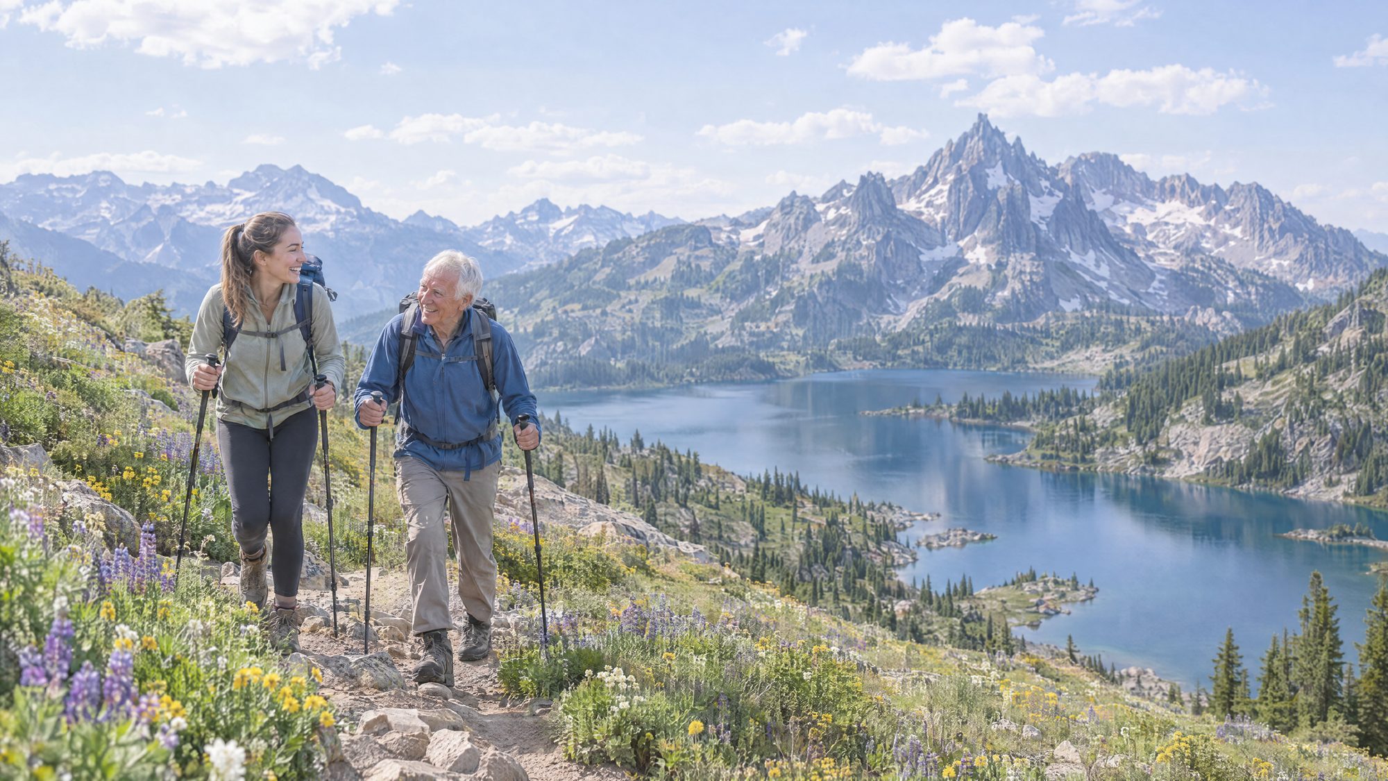 Man in his eighties hiking an alpine trail with his granddaughter