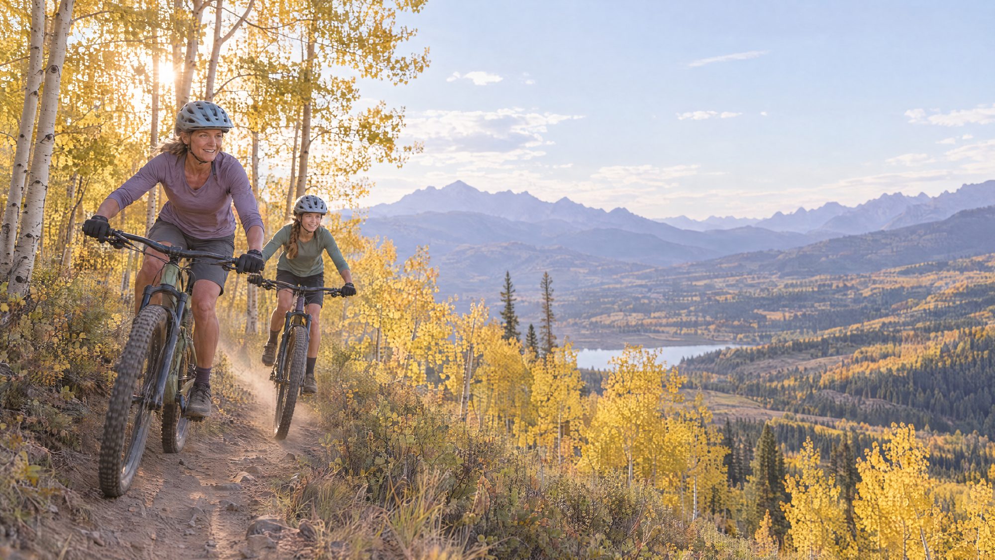 Mother and teenage daughter mountain biking down an aspen singletrack