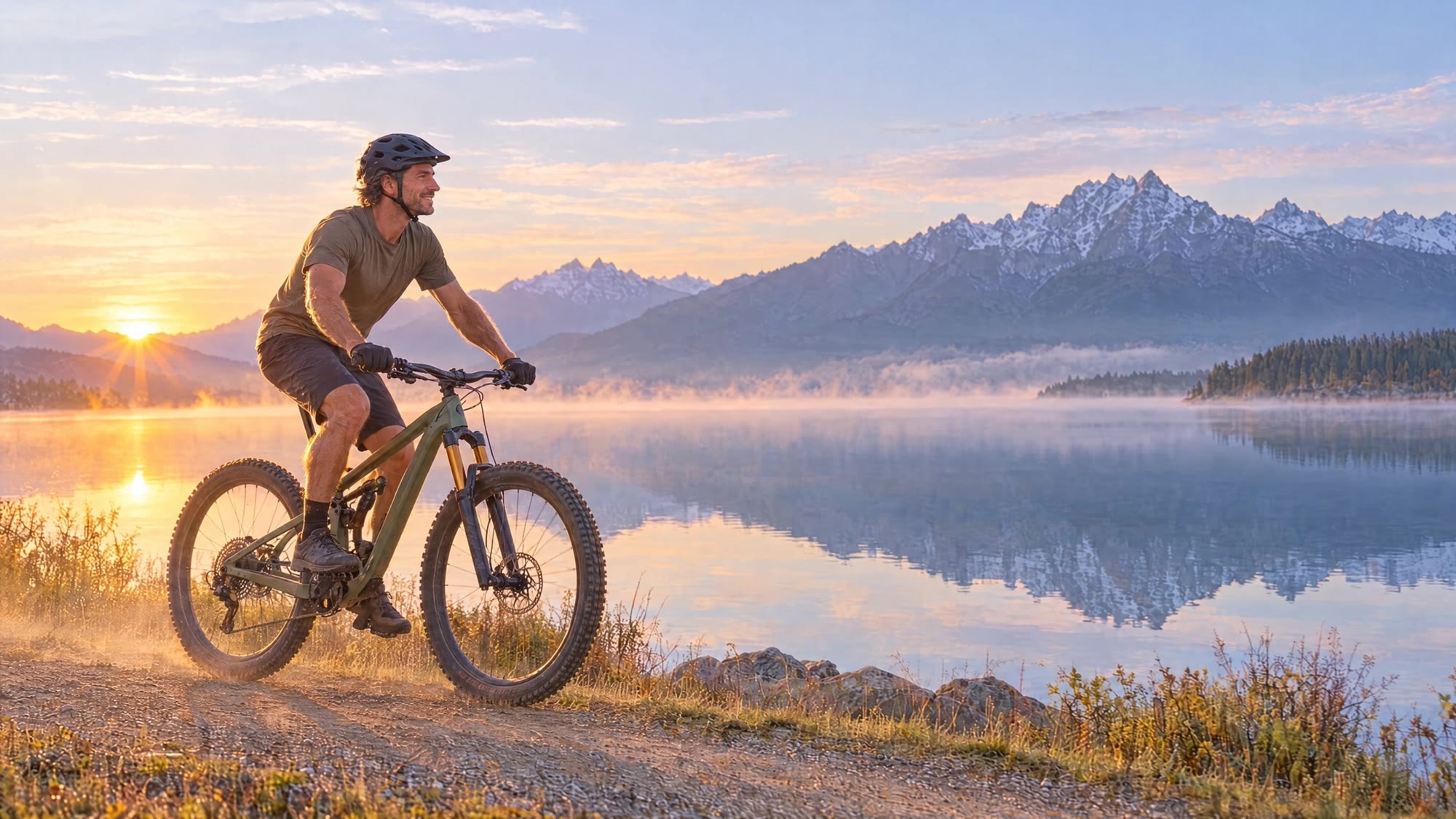 A man mountain biking a lakeshore trail at sunrise, mountains behind