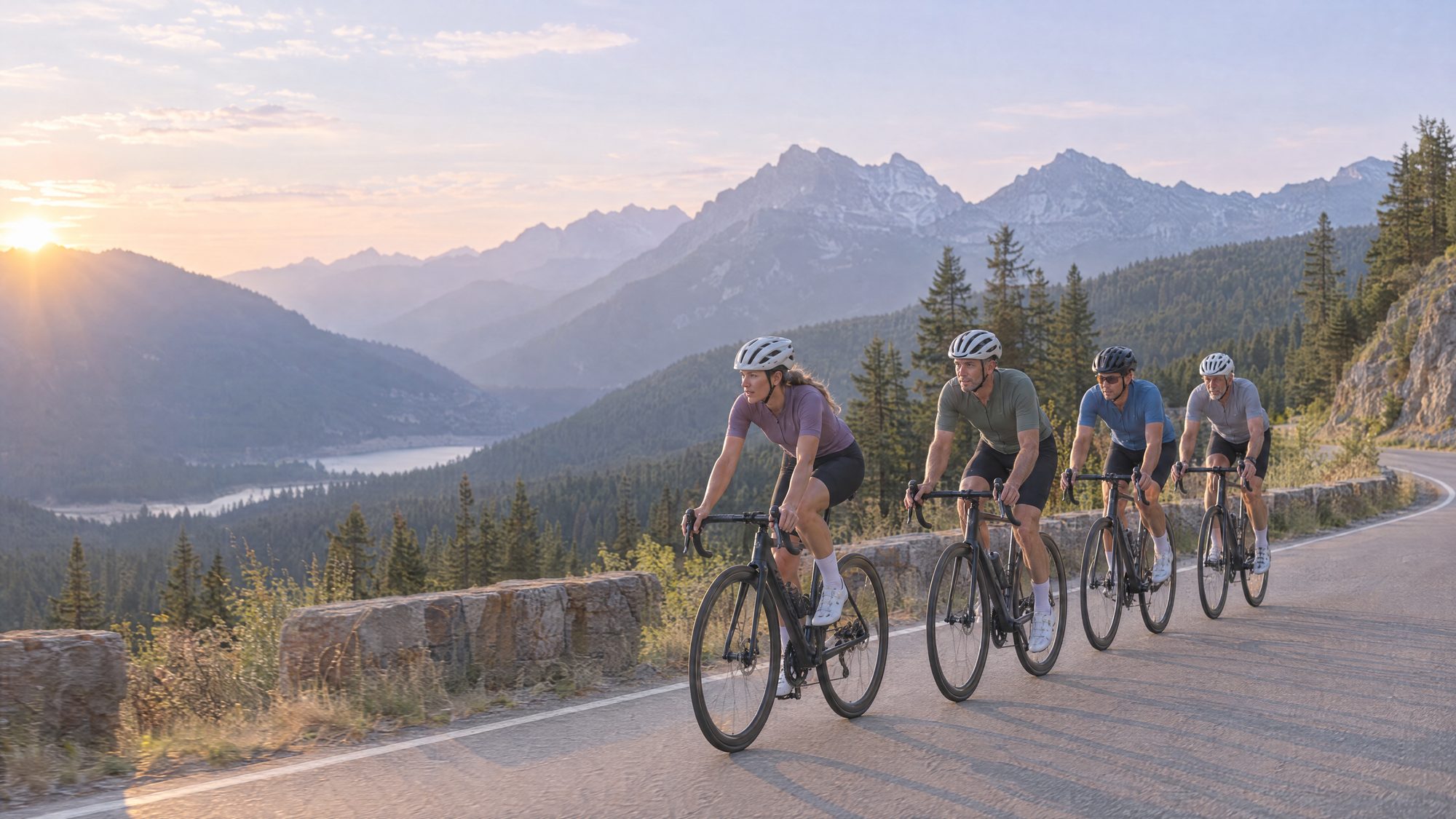Four cyclists of mixed ages riding a paceline up a mountain road
