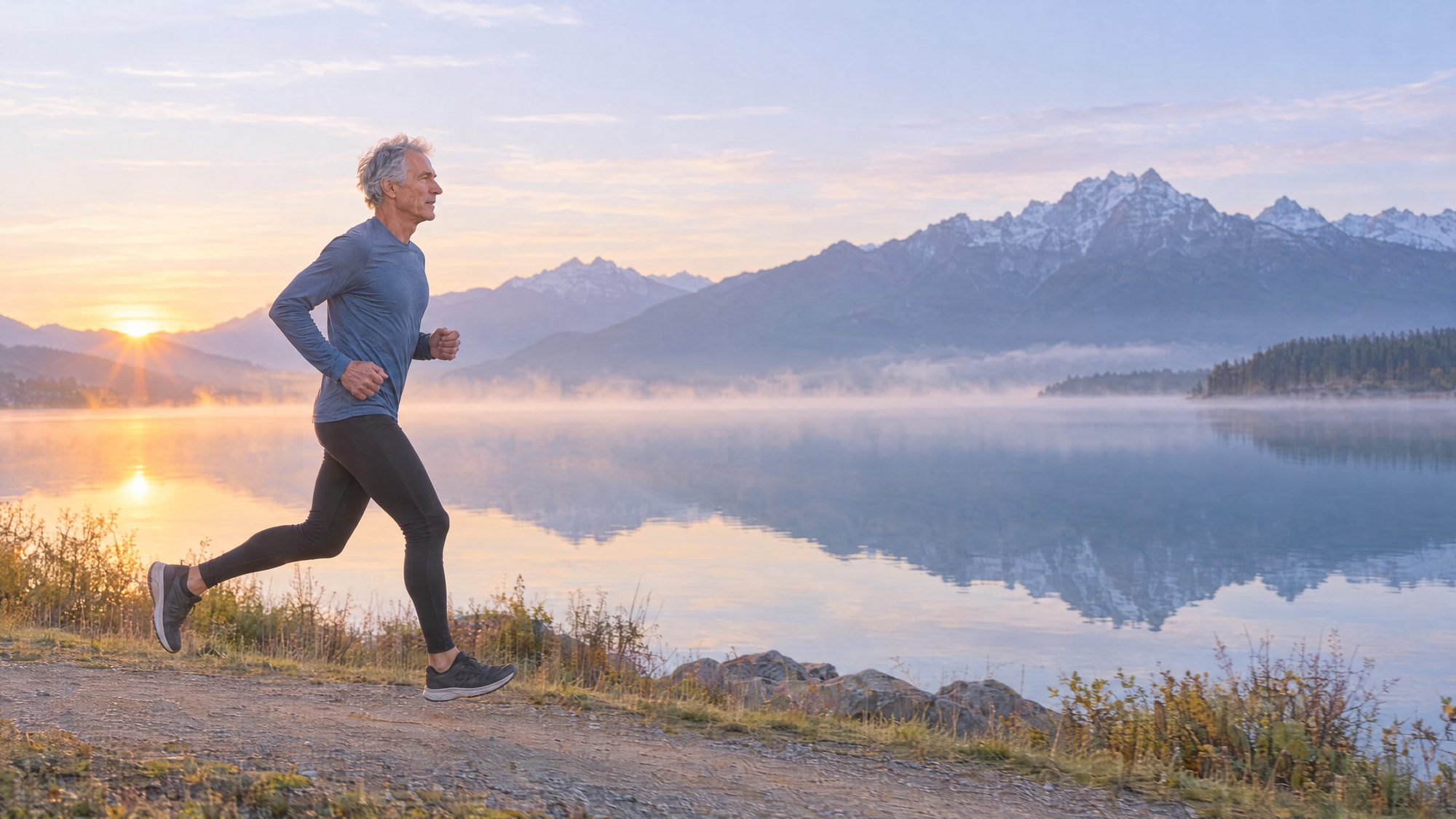 Man in his sixties running along a lakeshore trail at sunrise