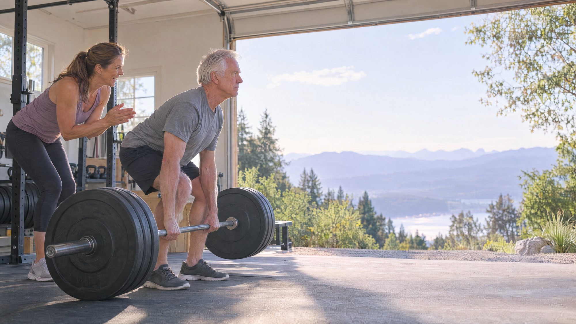 A man deadlifts a barbell in an open garage gym while a woman claps beside him, mountains and a lake outside