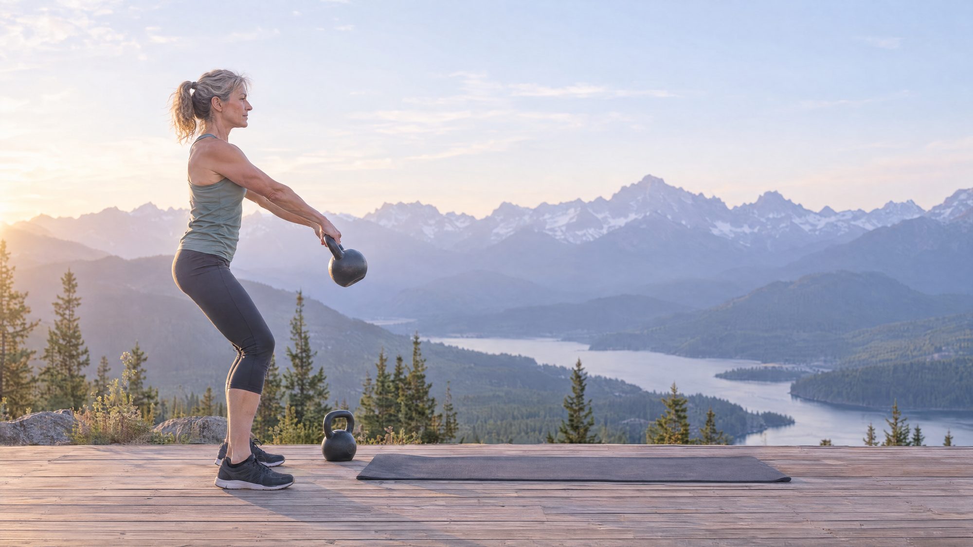 A woman squats on a wooden deck above a mountain lake, a kettlebell and mat beside her
