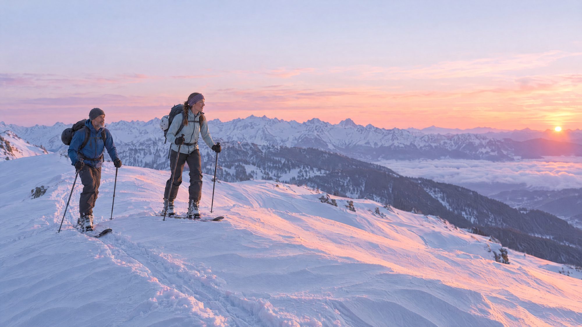 Two ski tourers climb a snowy ridge at sunrise above a lake