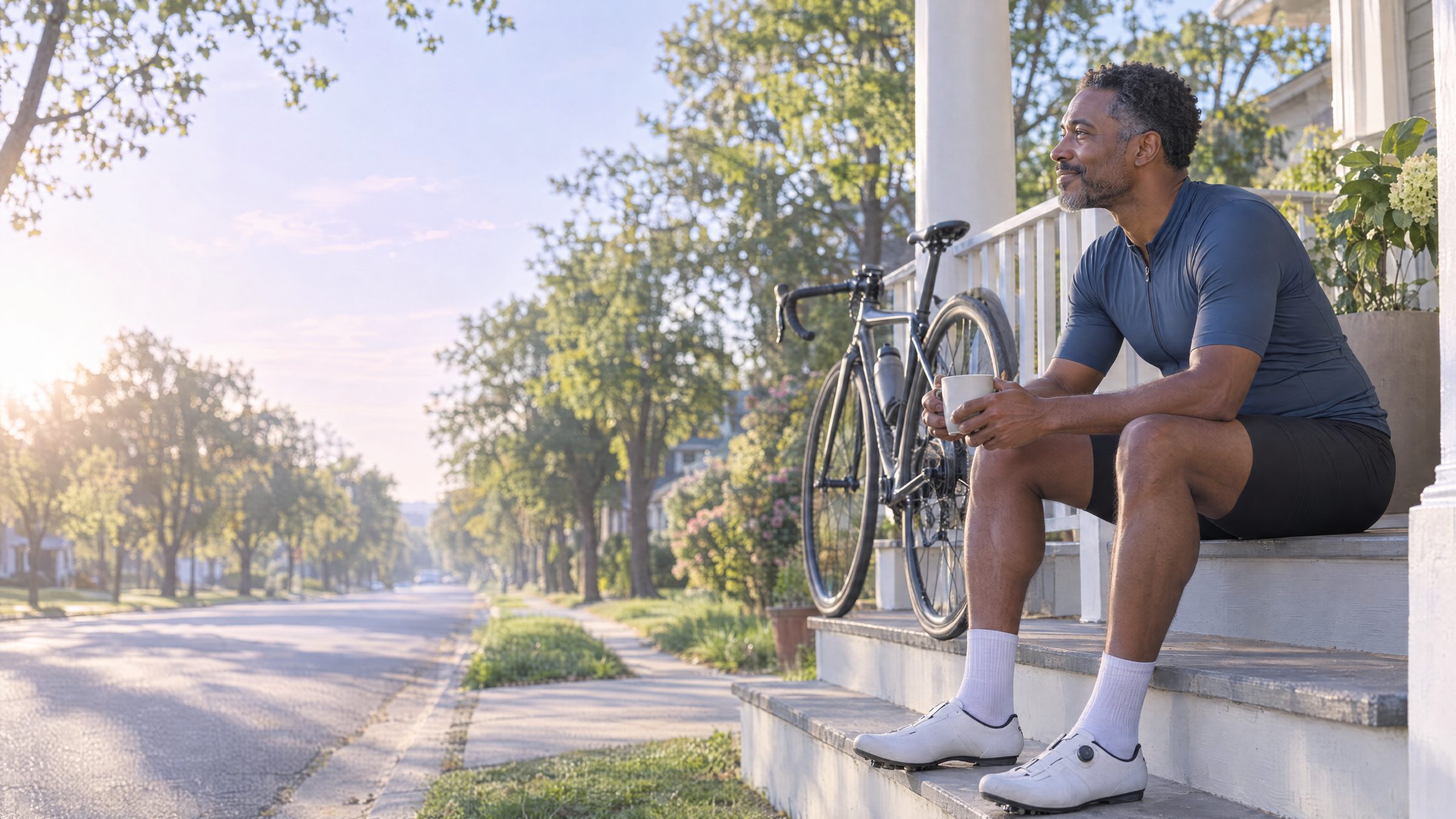 Man with a coffee on his porch steps after a morning ride, his bike on the rail