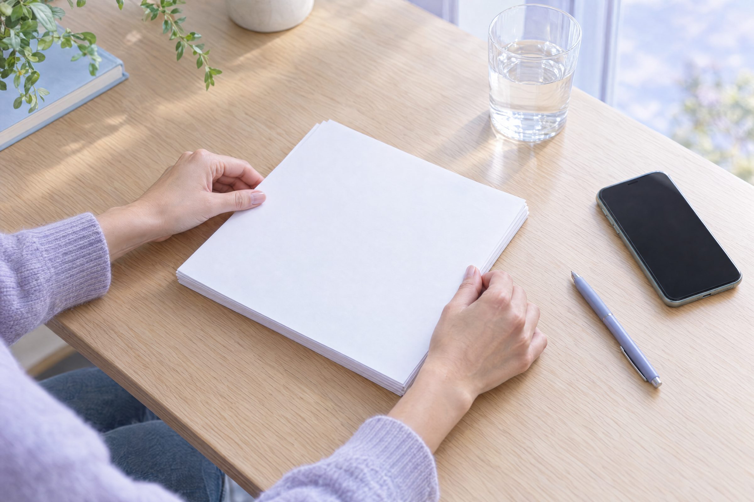 Hands squaring a small stack of papers beside a phone on a desk