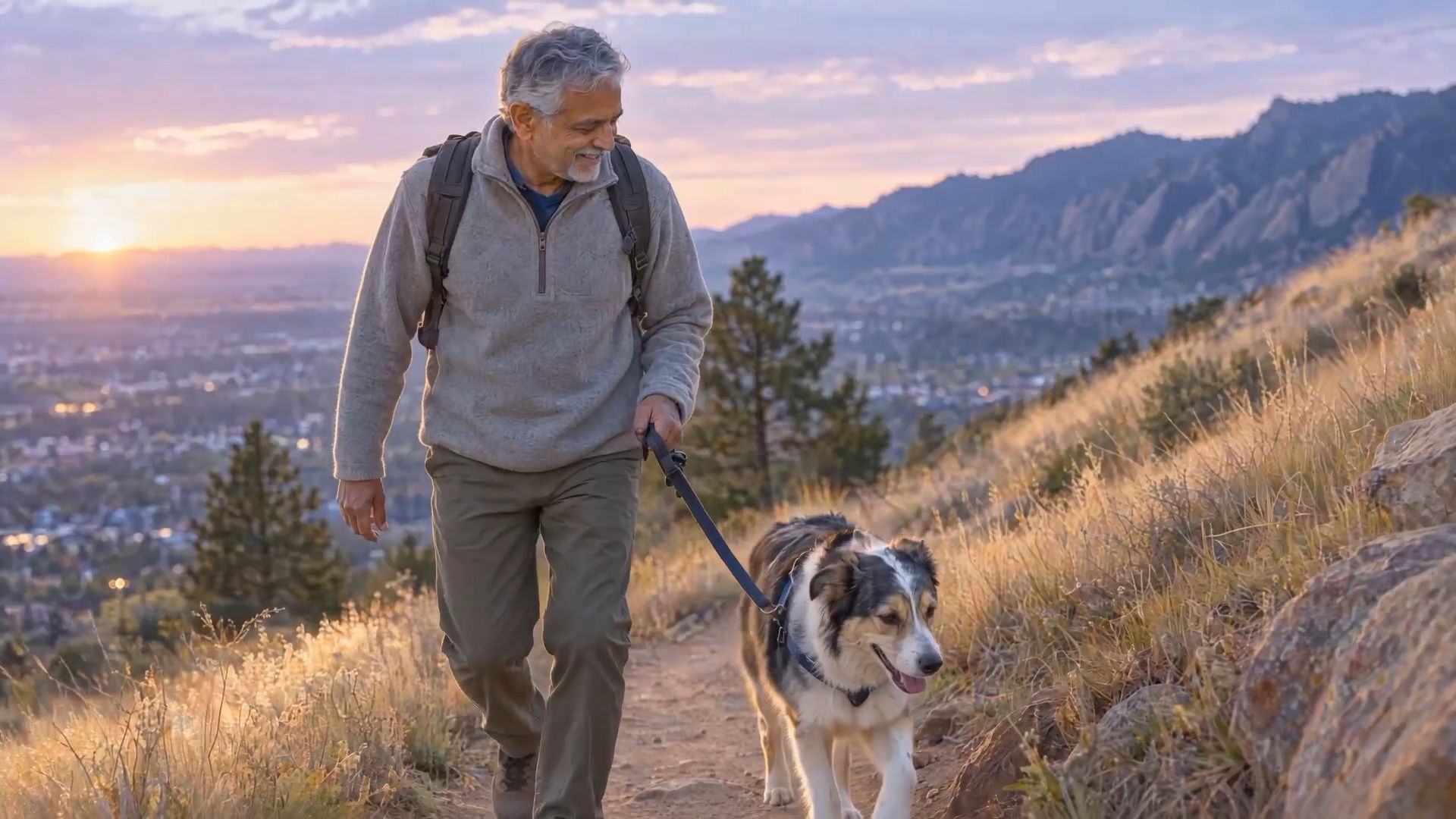 A grey-haired man with a backpack smiles as he walks his dog on a hillside trail above a town at sunset