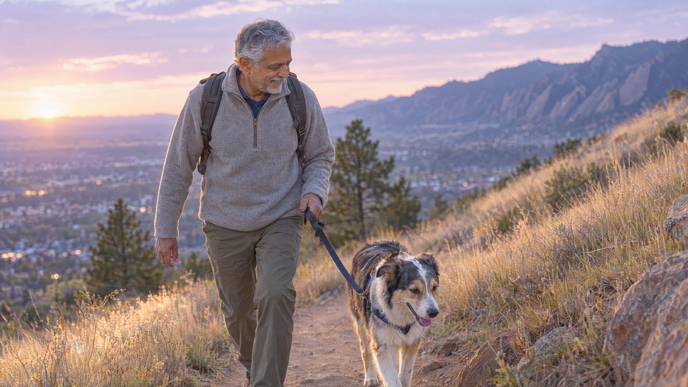 Man in his sixties walking briskly uphill with his dog at dusk