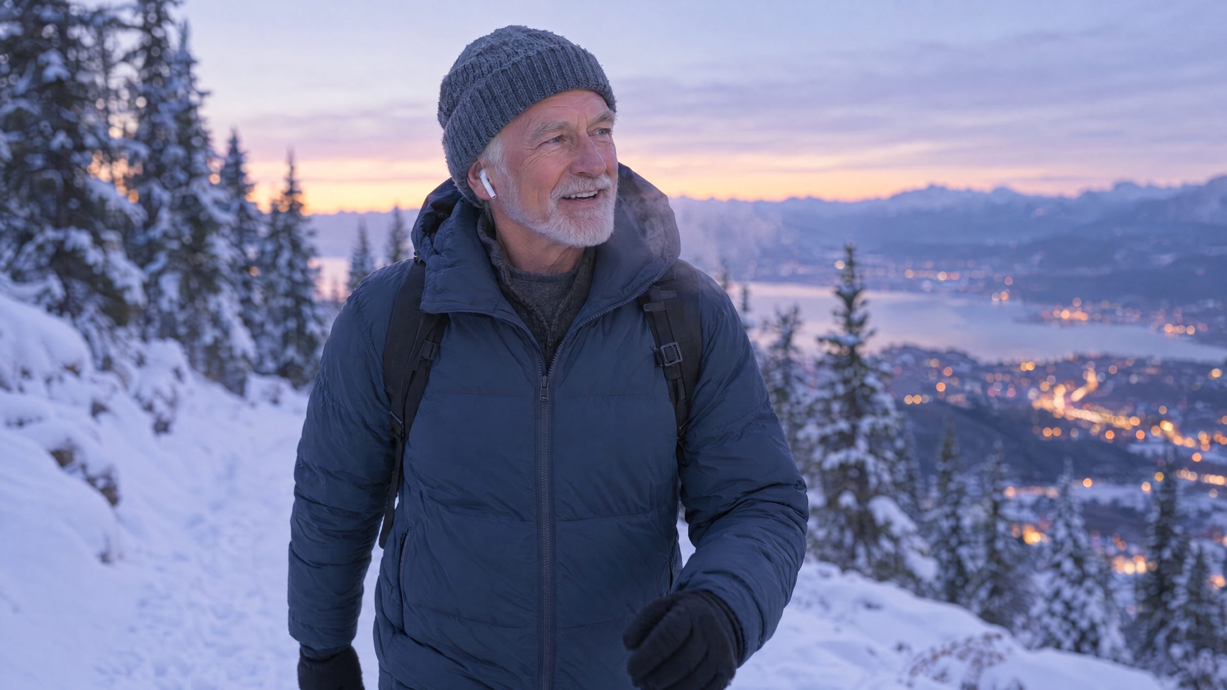 Man in his seventies walking a snowy trail at blue hour, talking through earbuds
