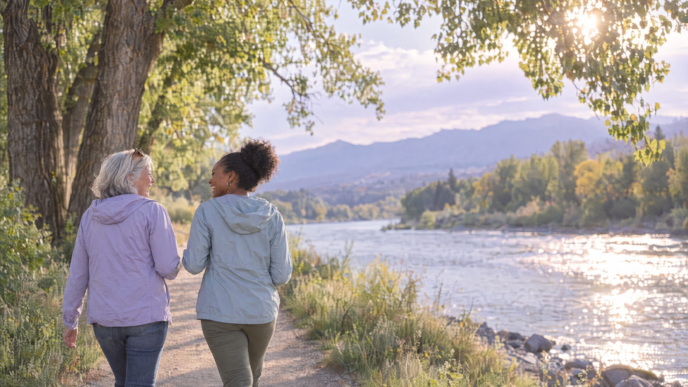 Two friends laughing together on a riverside trail under cottonwoods