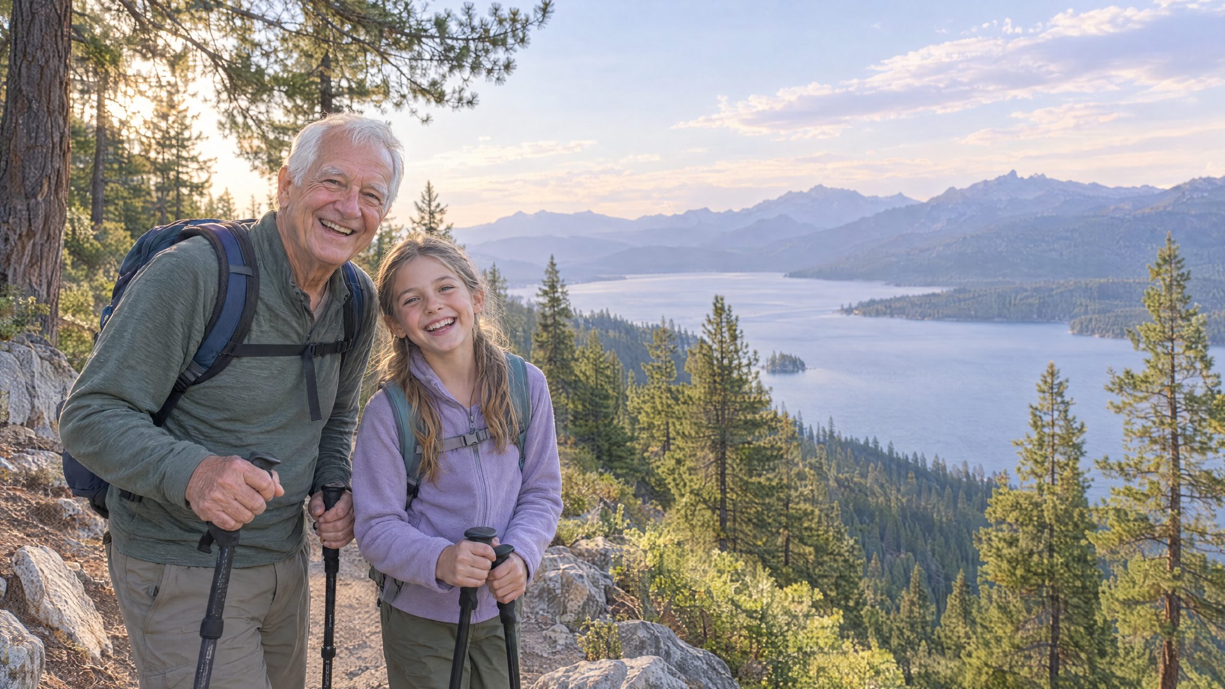 A grandfather and his granddaughter with trekking poles smile on a forest trail above a mountain lake