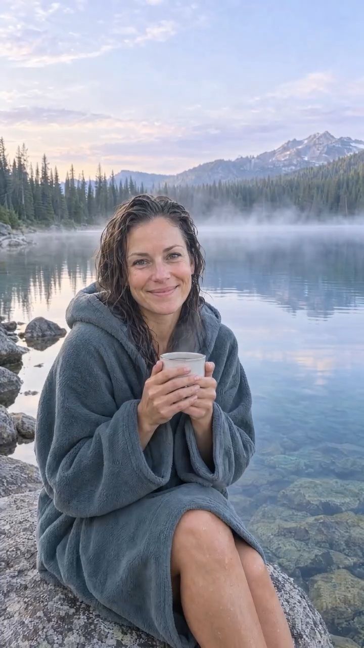 Woman in a robe holding a mug beside a misty mountain lake at dawn, smiling at the camera