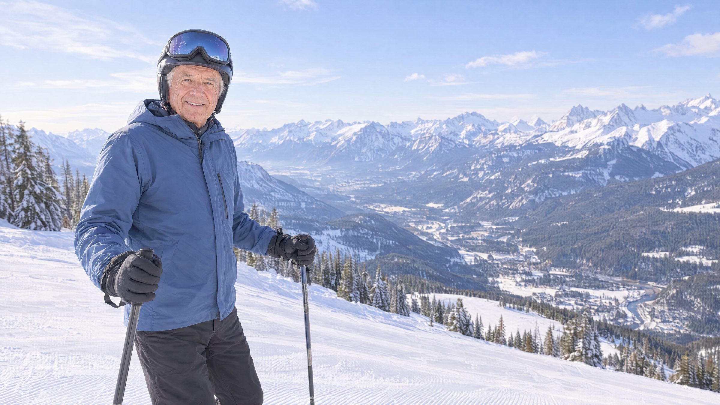 An older skier in a blue jacket and goggles smiles at the top of a groomed run above snowy peaks
