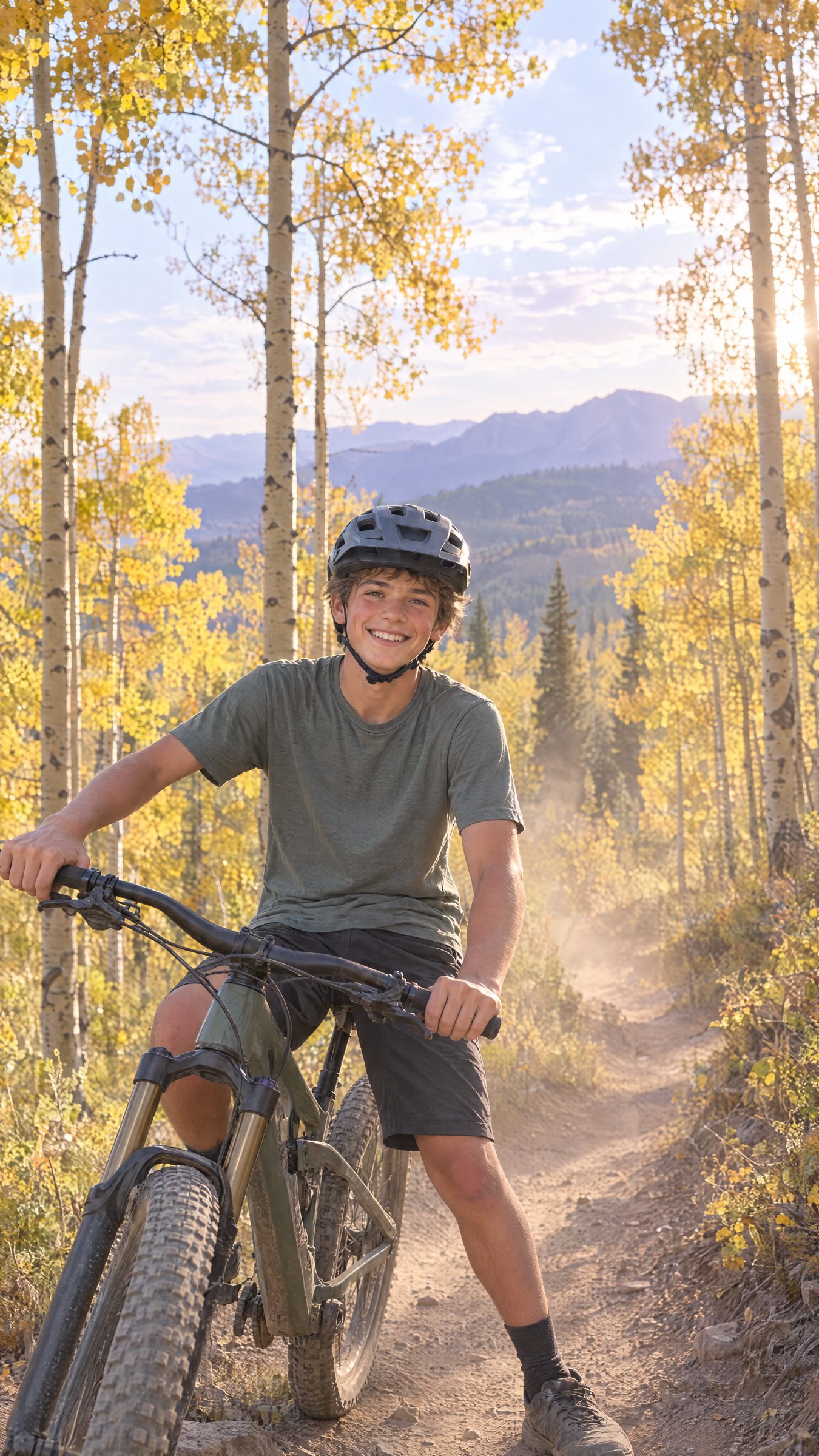 Teenage mountain biker smiling on an aspen trail in autumn