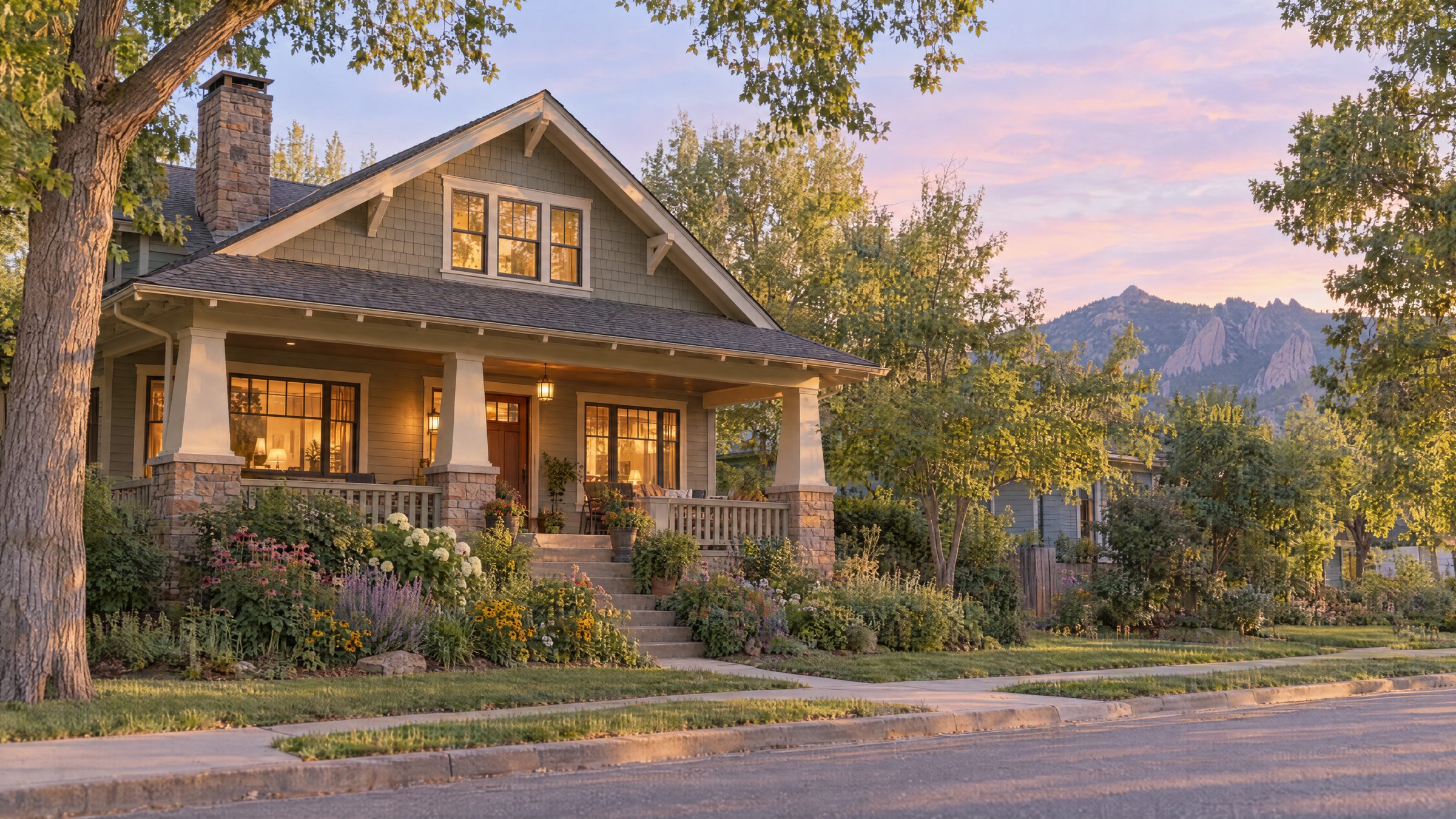 Craftsman house with a deep porch at golden hour
