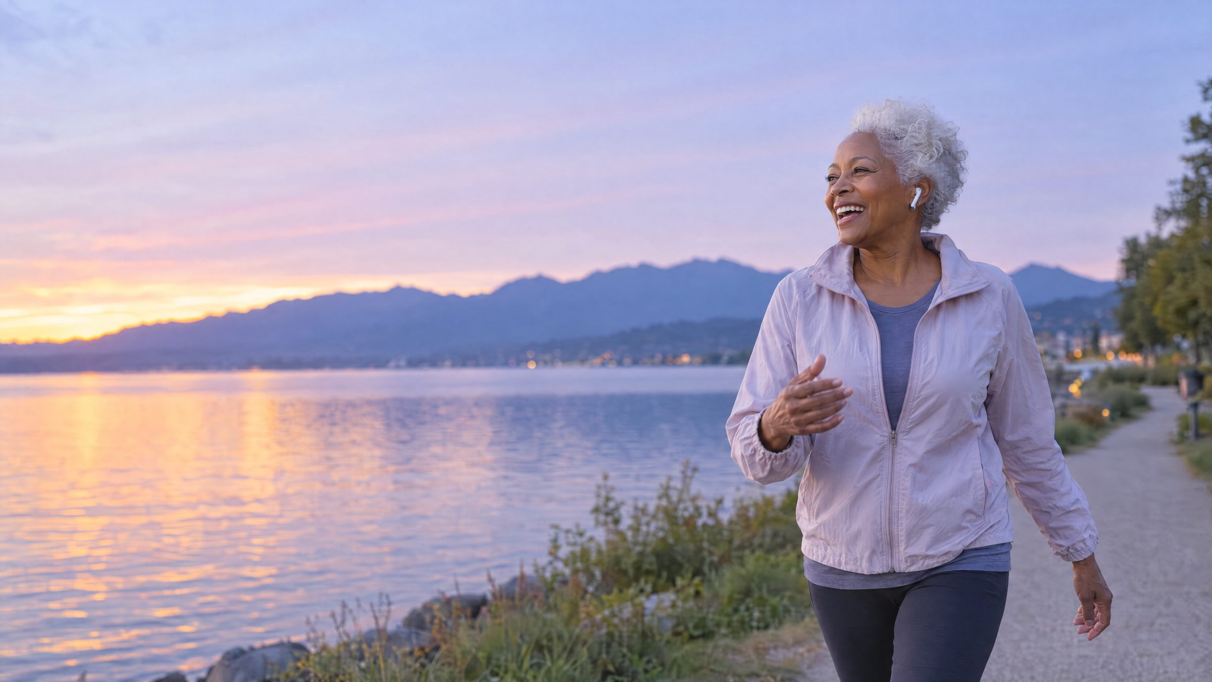 Woman in her seventies laughing through earbuds on a brisk lakeside walk at dusk