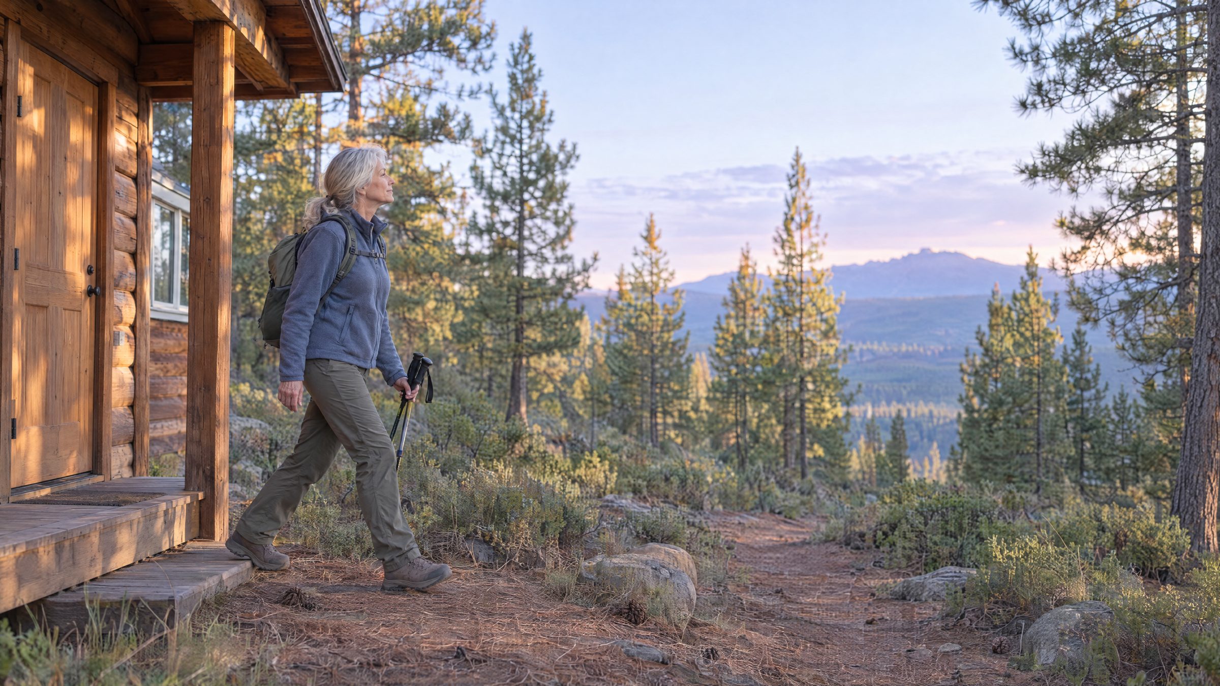 Woman in her sixties stepping off her cabin porch with trekking poles for a morning walk