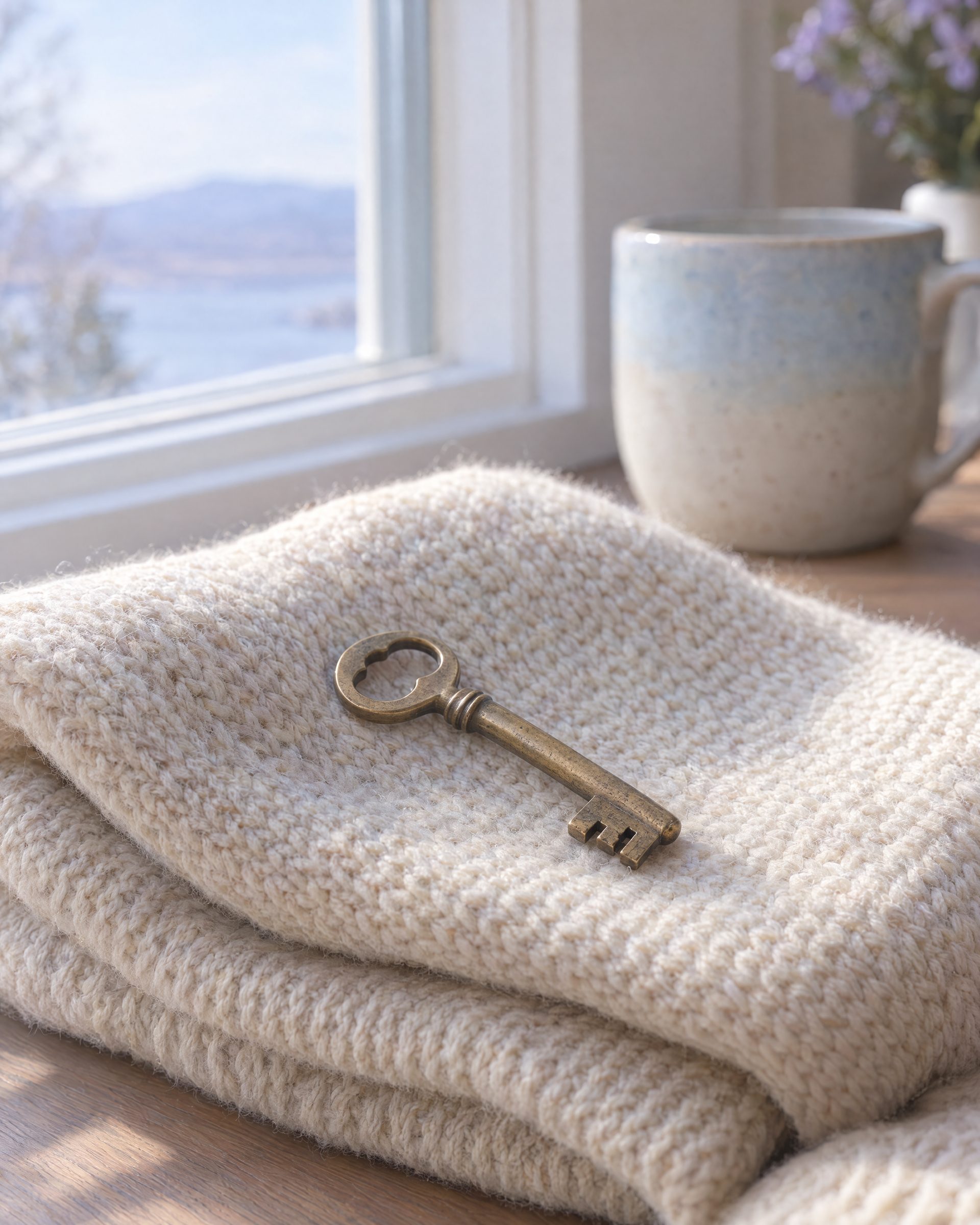 Brass key resting on a folded wool blanket in morning light