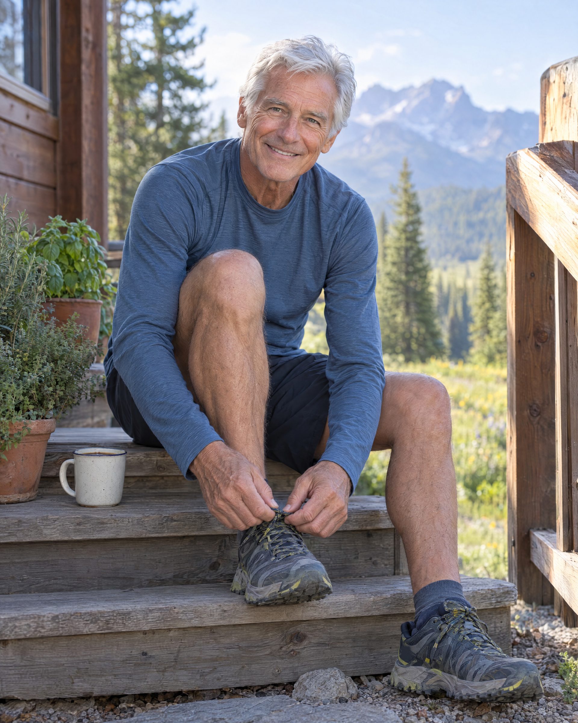 Man in his seventies lacing his trail shoes on a cabin porch step, a coffee mug beside him and mountains behind