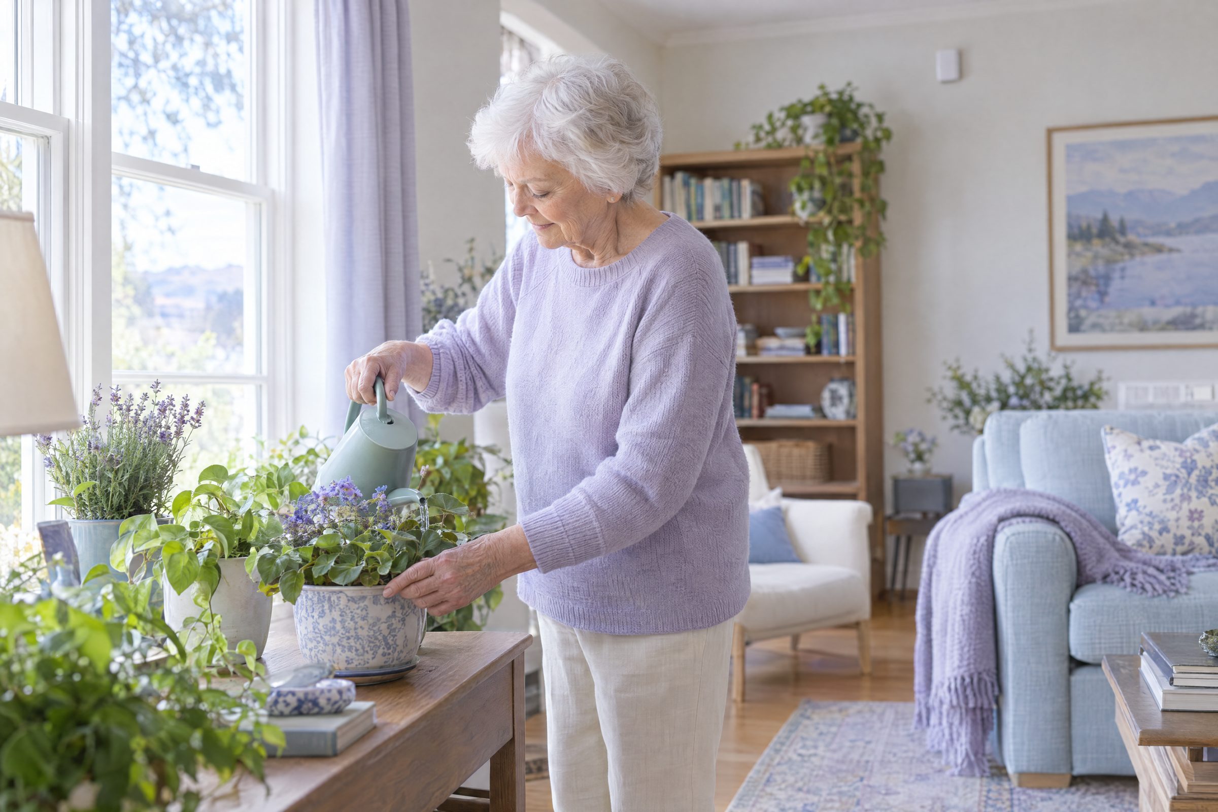 Older woman stepping into a bright front hall, a small sensor high on the wall