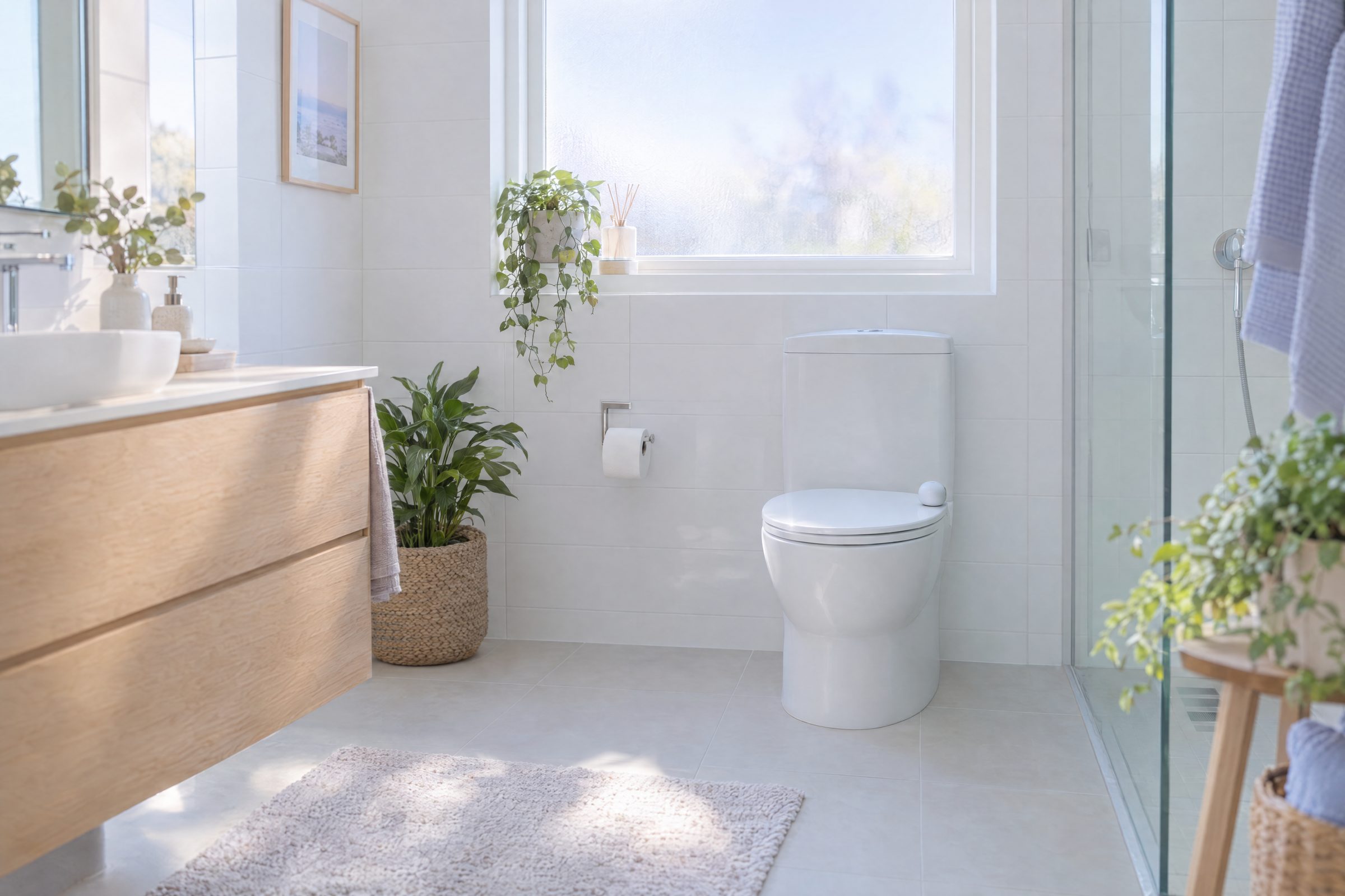 Bright modern bathroom with a small white device discreetly placed