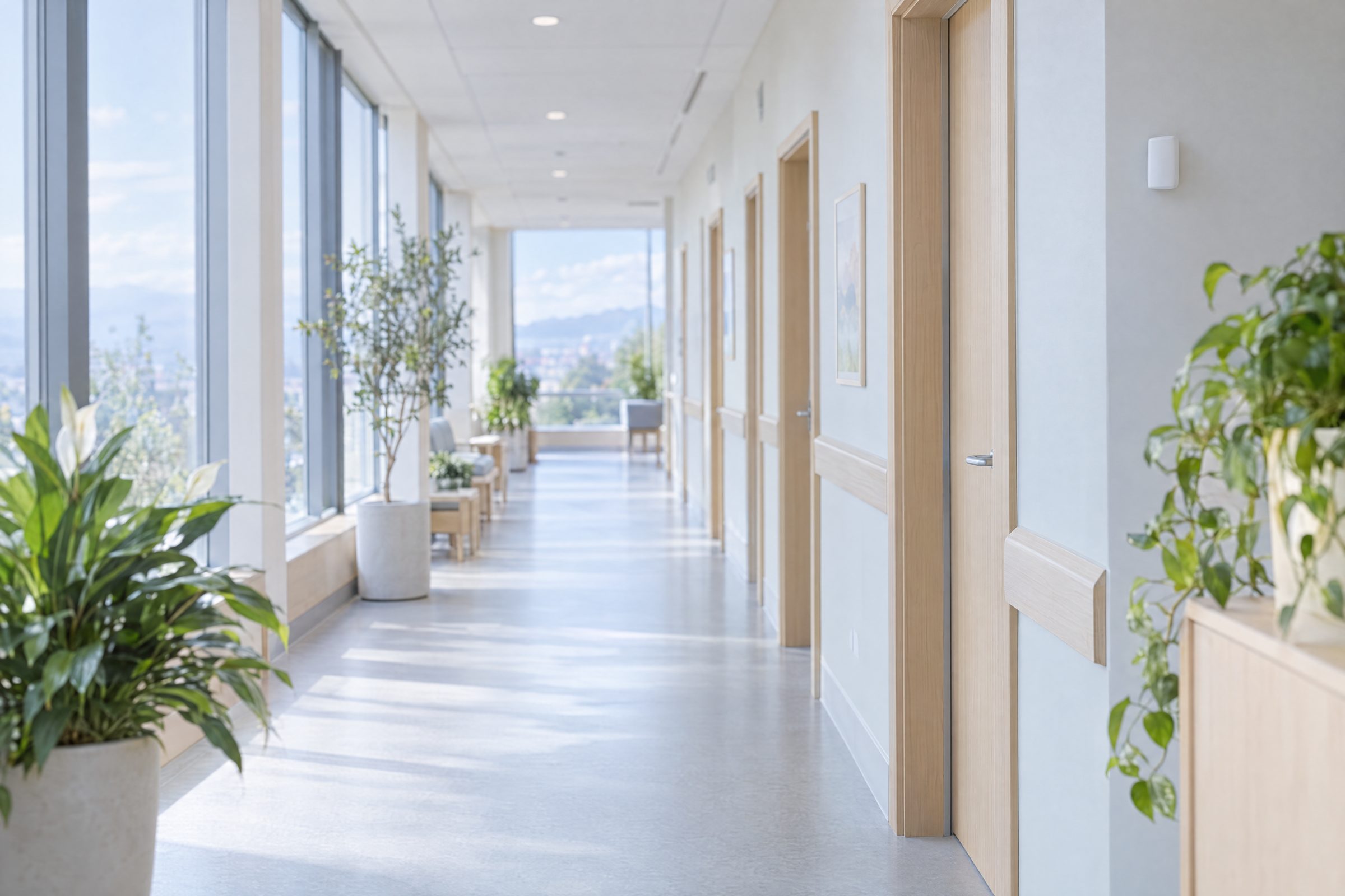 Bright, empty clinic corridor with tall windows and plants
