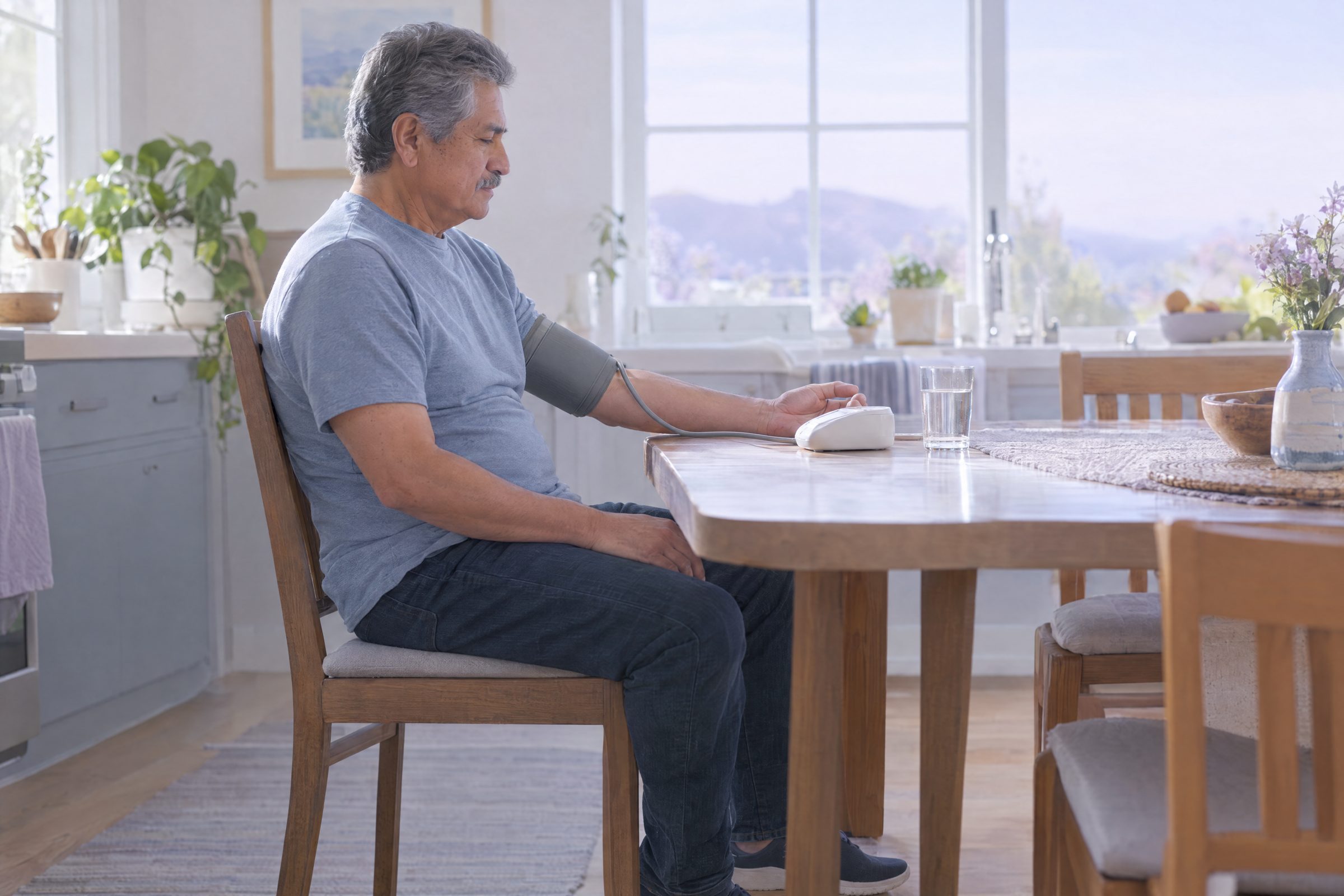 Man in his sixties taking his blood pressure at the kitchen table