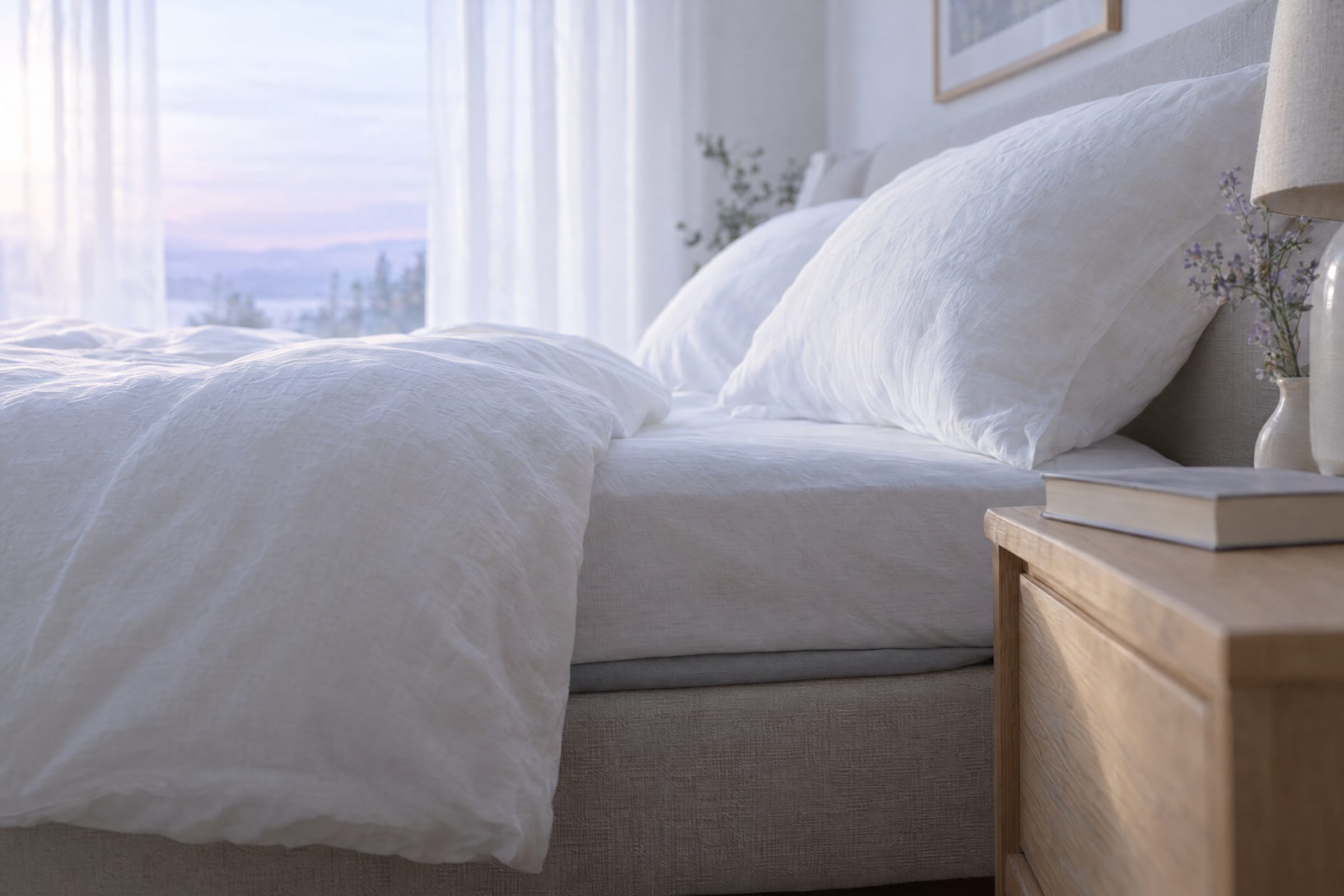 Neatly made bed in soft morning light with a slim pad under the mattress edge