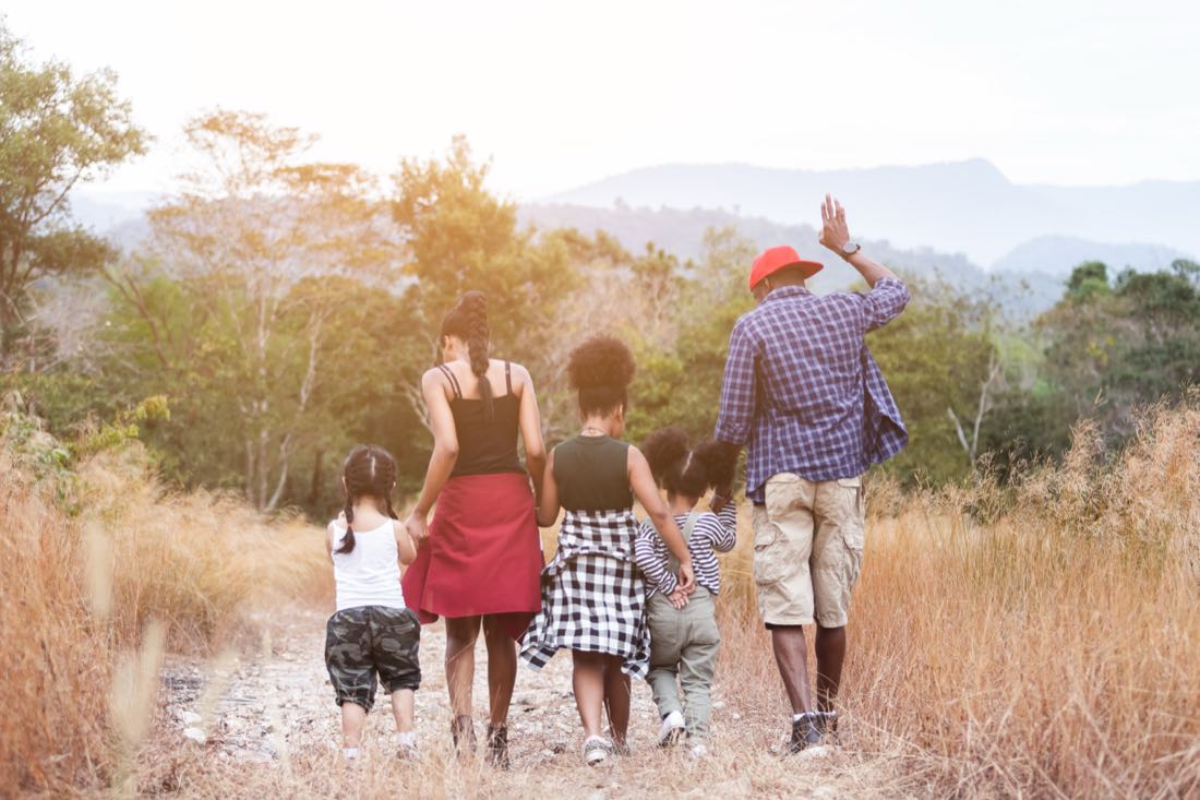 A family walking up a mountain meadow path, seen from behind